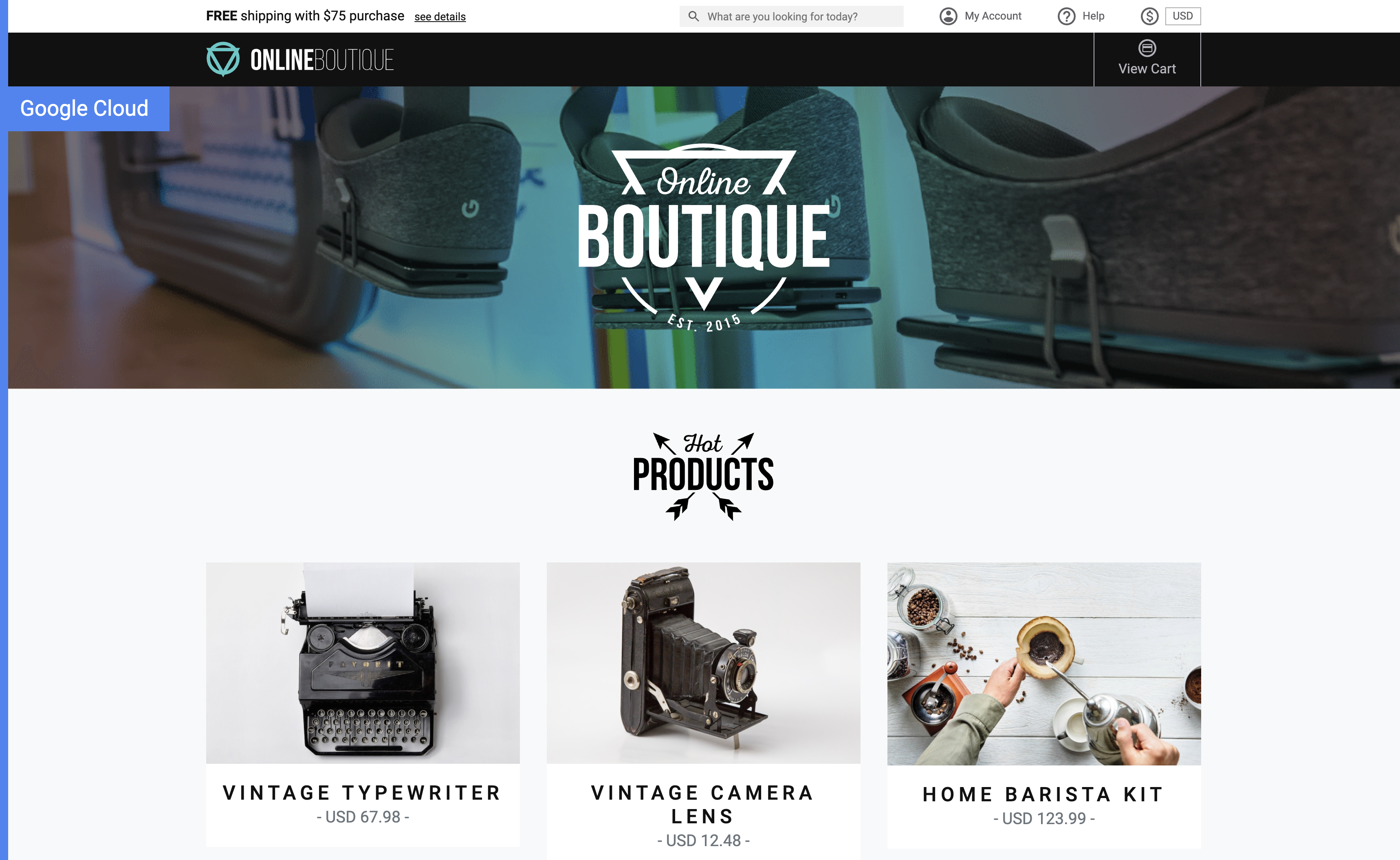 Screenshot of store homepage