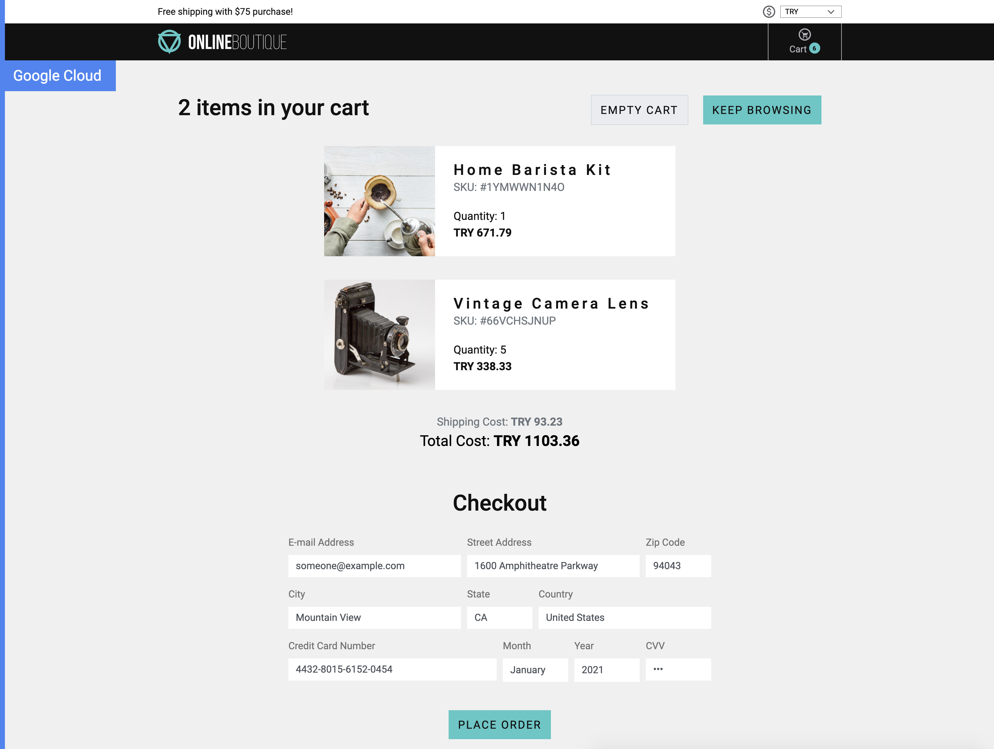 Screenshot of checkout screen